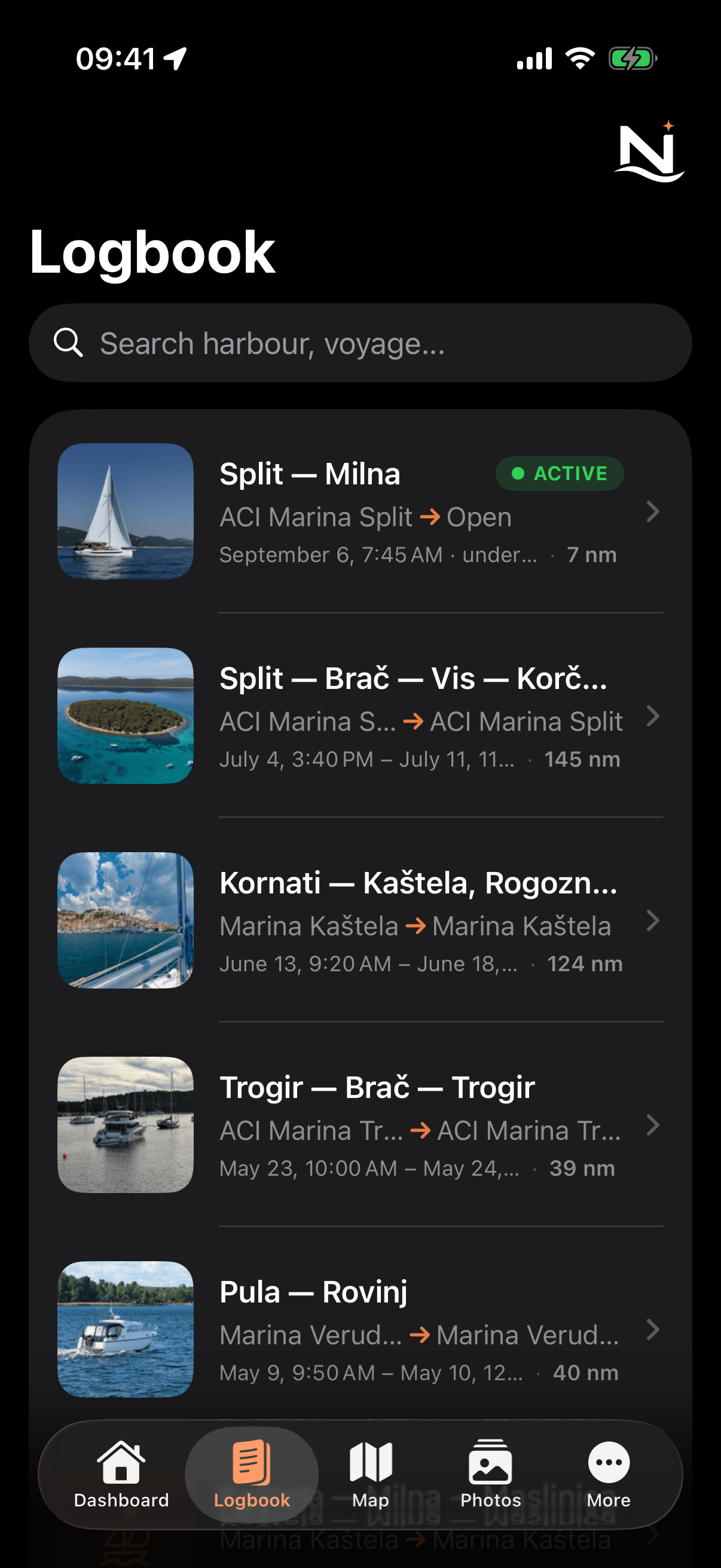 Nautly on an iPhone: the logbook list, with a search field for harbour and voyage at the top. Each voyage takes one row, with its departure and destination harbour, date and distance — at the top a day voyage marked as active, from ACI Marina Split with its destination still open, 7 nm; below it a voyage through central Dalmatia back to ACI Marina Split, 145 nm, a Kornati circuit from Marina Kaštela, 124 nm, a weekend from ACI Marina Trogir, 39 nm, and an Istria weekend from Marina Veruda, 40 nm. All five entries carry a photo from the voyage. At the bottom, the navigation bar with Dashboard, Logbook, Map, Photos and More.